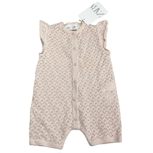NEW Zara Cotton Pointelle Knit Romper Size 3-6 mos *TINY FLAW* Pastel Pink Beige - Picture 1 of 7
